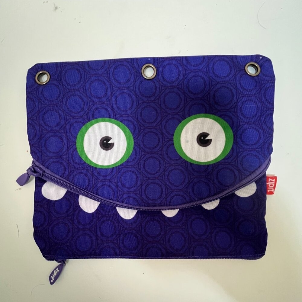 Zipit Googly Smile  Pencil  Pouch 3 Rings Binder Purple Monster 2 Pockets zipper